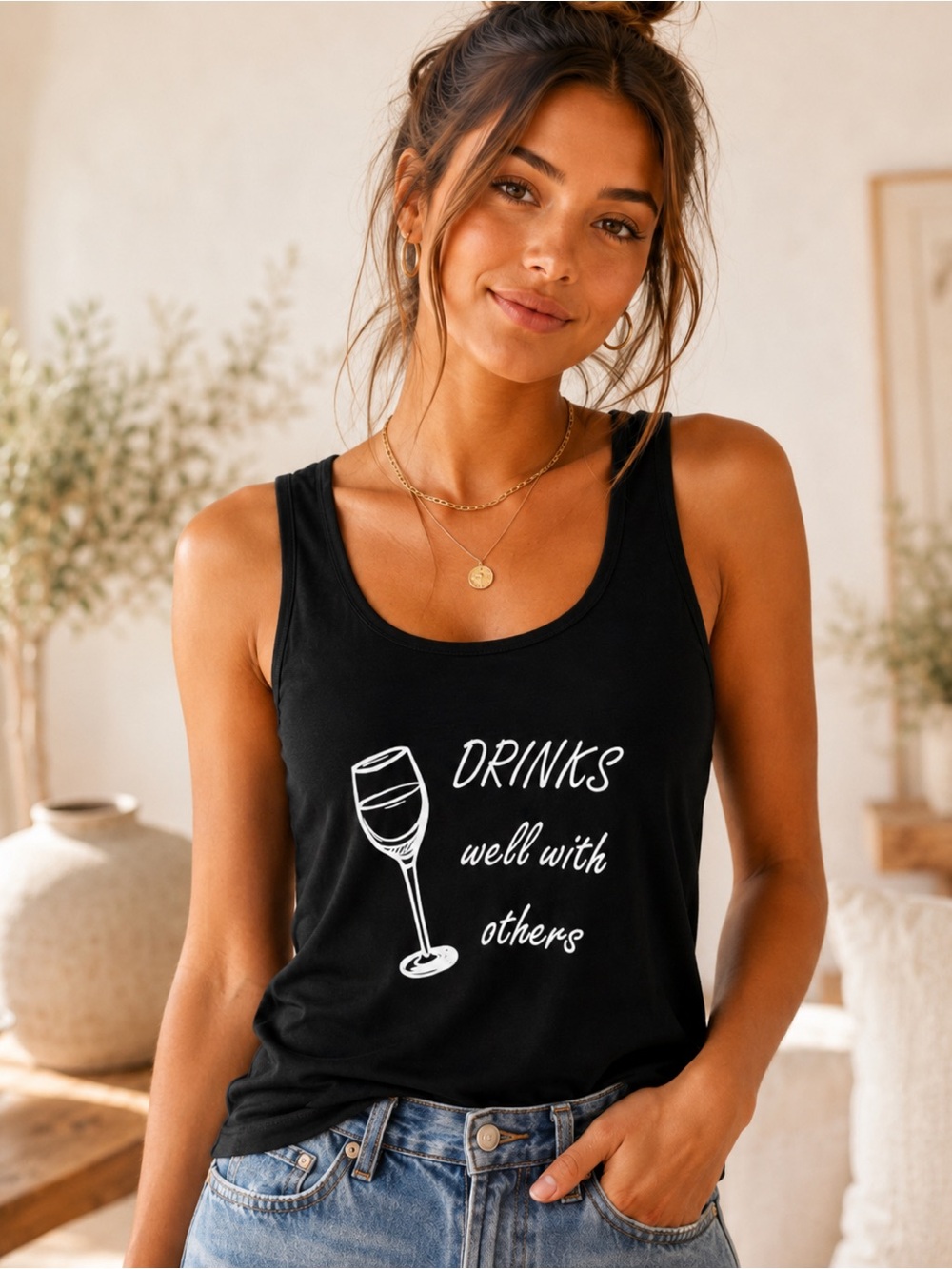 Bella + Canvas Women’s S Black Wine Graphic Tank Top Drinks Well With Others